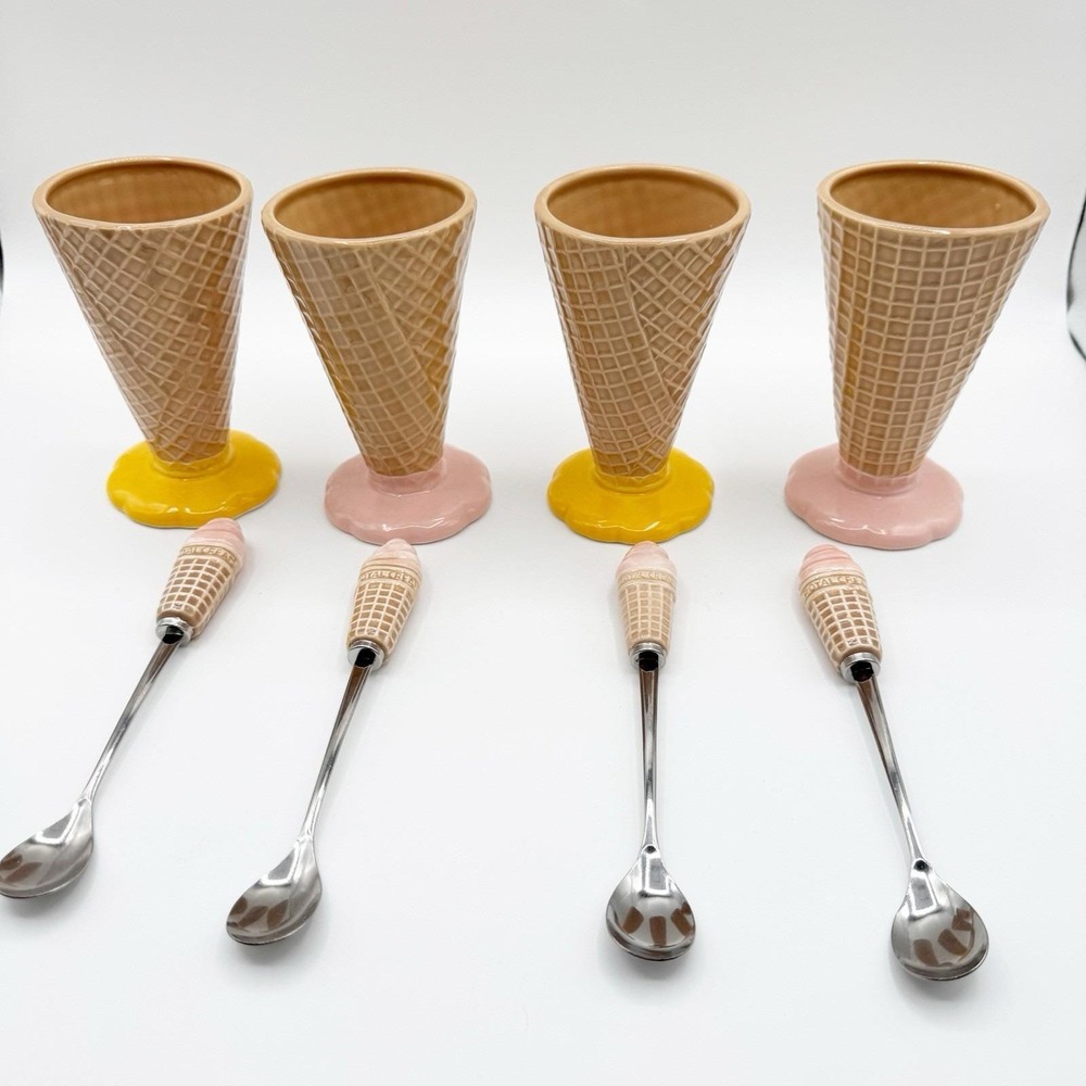 Vintage Japan Waffle Ice Cream Cone Cups Ceramic Matching Spoons Set of 4